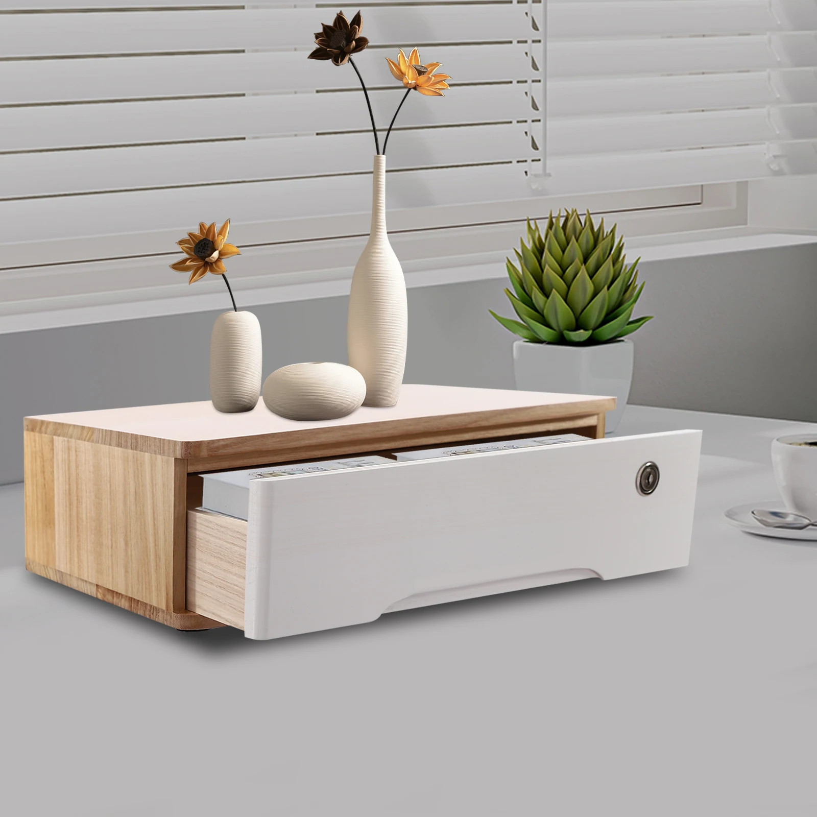 

Настольное хранилище с запирающимся ящиком, гладкий открытый органайзер для офисных принадлежностей, легко чистится для домашнего офиса и учебного стола