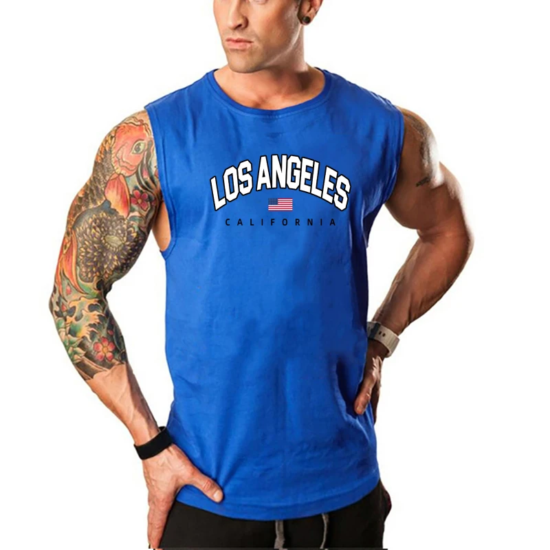 Los Angeles California USA Summer Cotton Tank Tops Mens Fitness Muscle Sleeveless Casual Shirts Gym Bodybuilding Sport Clothing