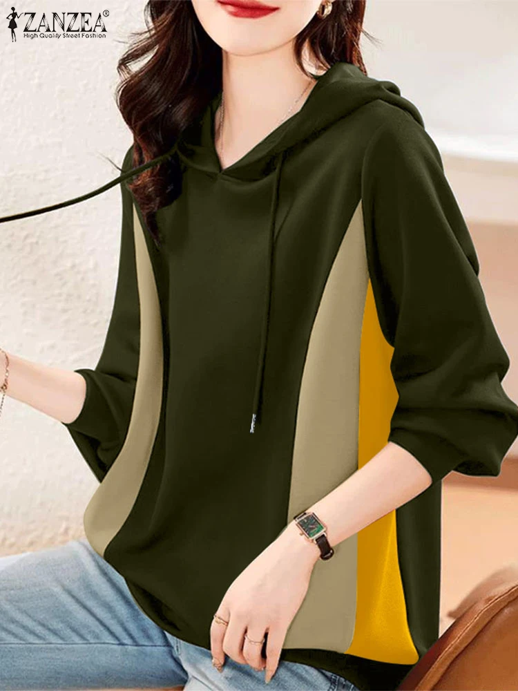 ZANZEA Women Hooded Sweatshirts 2024 Casual Loose Colorblock Hoodies Fashion Long Sleeve Pullovers Simple Commuting Jumpers