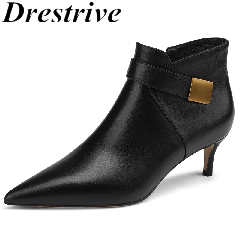 

Drestrive 2022 Women Ankle Boots Full Genuine Cow Leather Pointed Toe Thin Mid Heels Zipper Classic Shoes Beige Metal