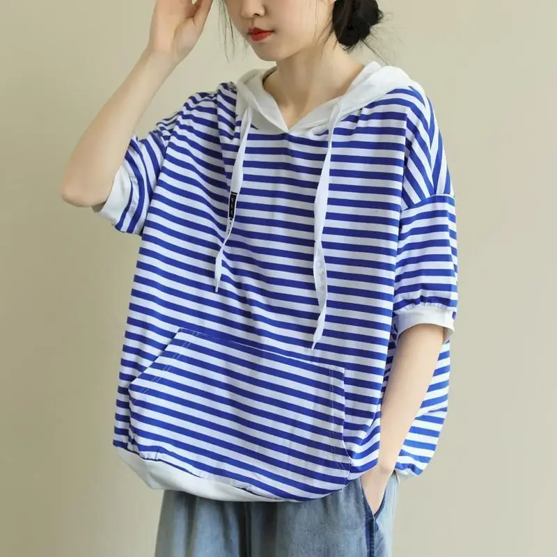 Women's T Shirt Summer Trend Striped Hooded Short Sleeve T-shirt Literature Drawstring Design Fashion Tshirt Loose Oversized Top