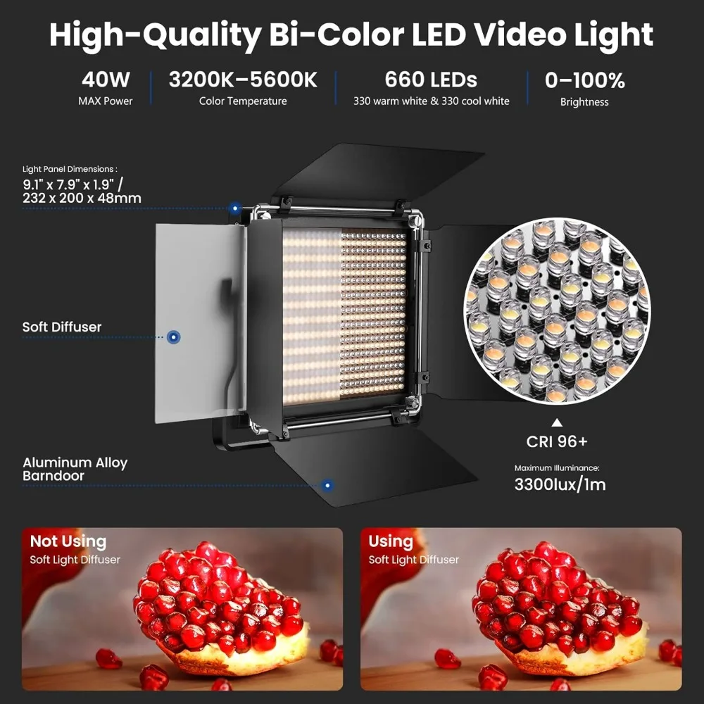 Pack Bi Color 660 LED Video Light and Stand Kit: (2) 3200-5600K CRI 96+ Dimmable Light  for Studio Photography, Video Recording