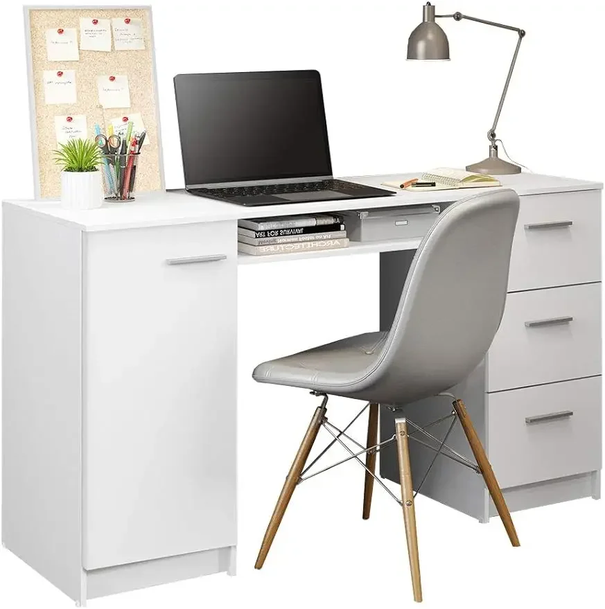 

Madesa-Computer Desk with 3 Drawers, 1 Door and Storage Shelf, Office 30 ”H x 8” D 53 ”W-White