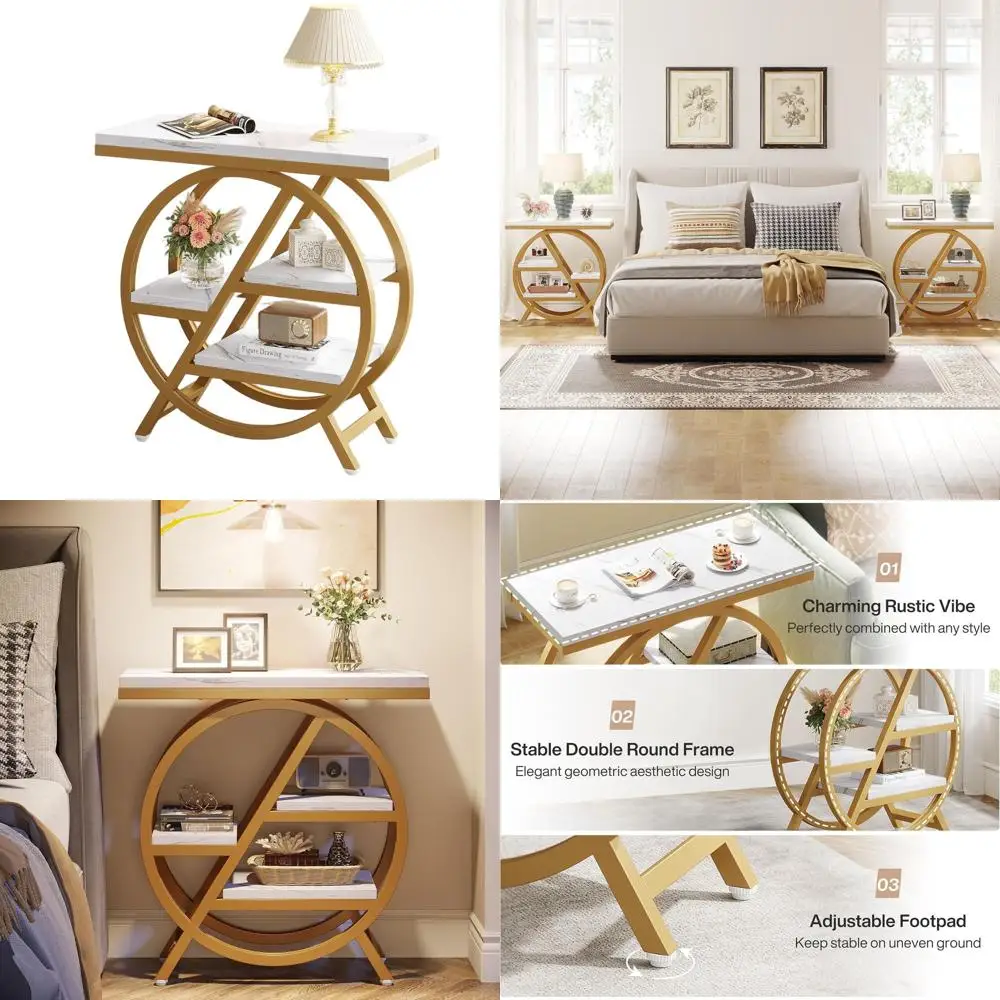 

3-Tier Marble-Look Side Table with Storage, Geometric Metal Frame, Modern Sofa Side Table for Living Room, Gold & White Nightsta