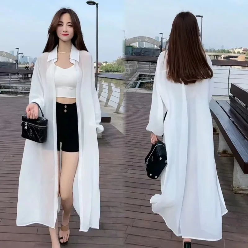 

Летние тонкие солнцезащитные куртки женские длинные стильные прозрачные пальто модная дышащая элегантная уличная праздничная женская однотонная верхняя одежда