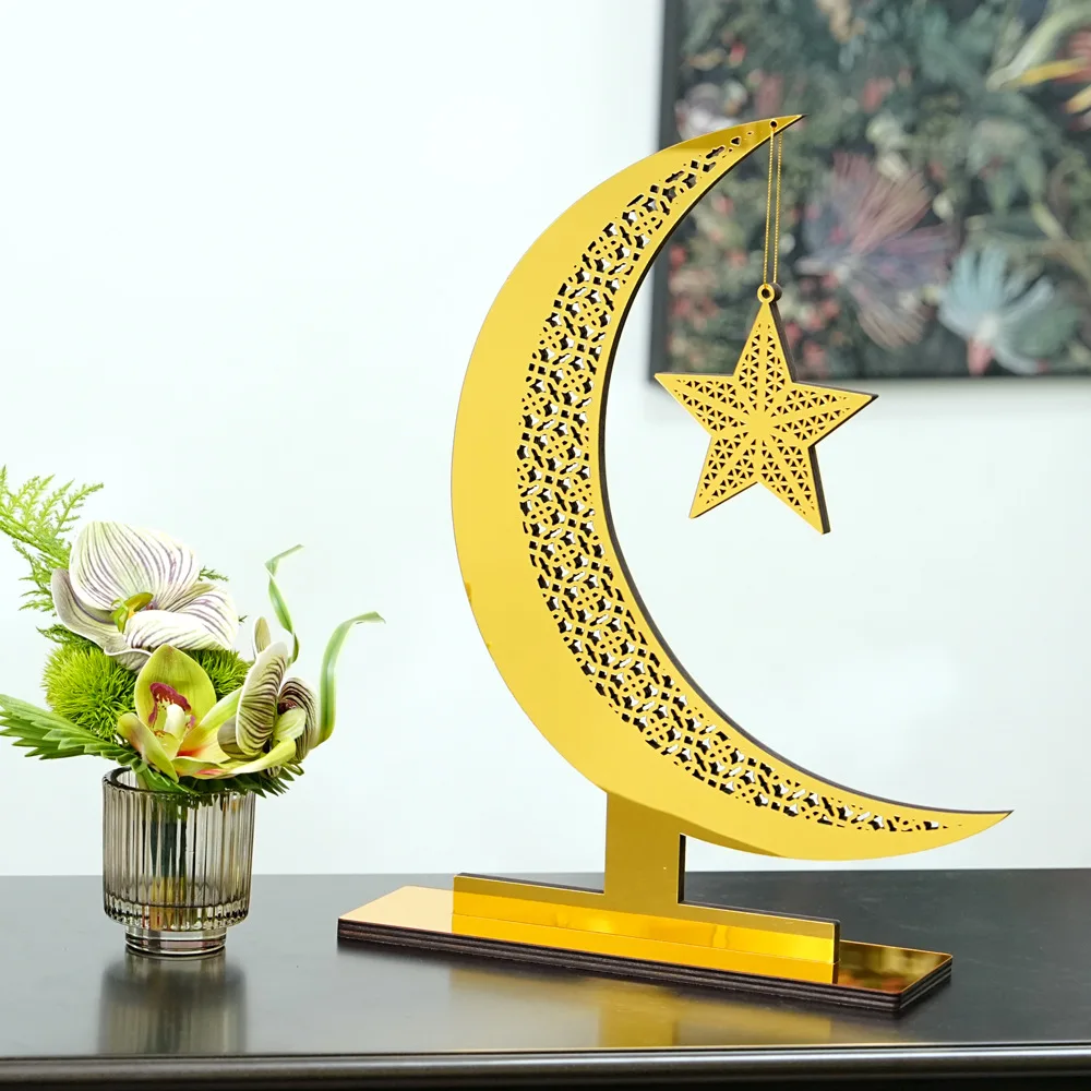 

Eid Mubarak Decor Ornament Muslim Ramadan Desktop Decor Golden Star Moon Shaped Acrylic Ornament Eid-ul-fitr Home Decorations