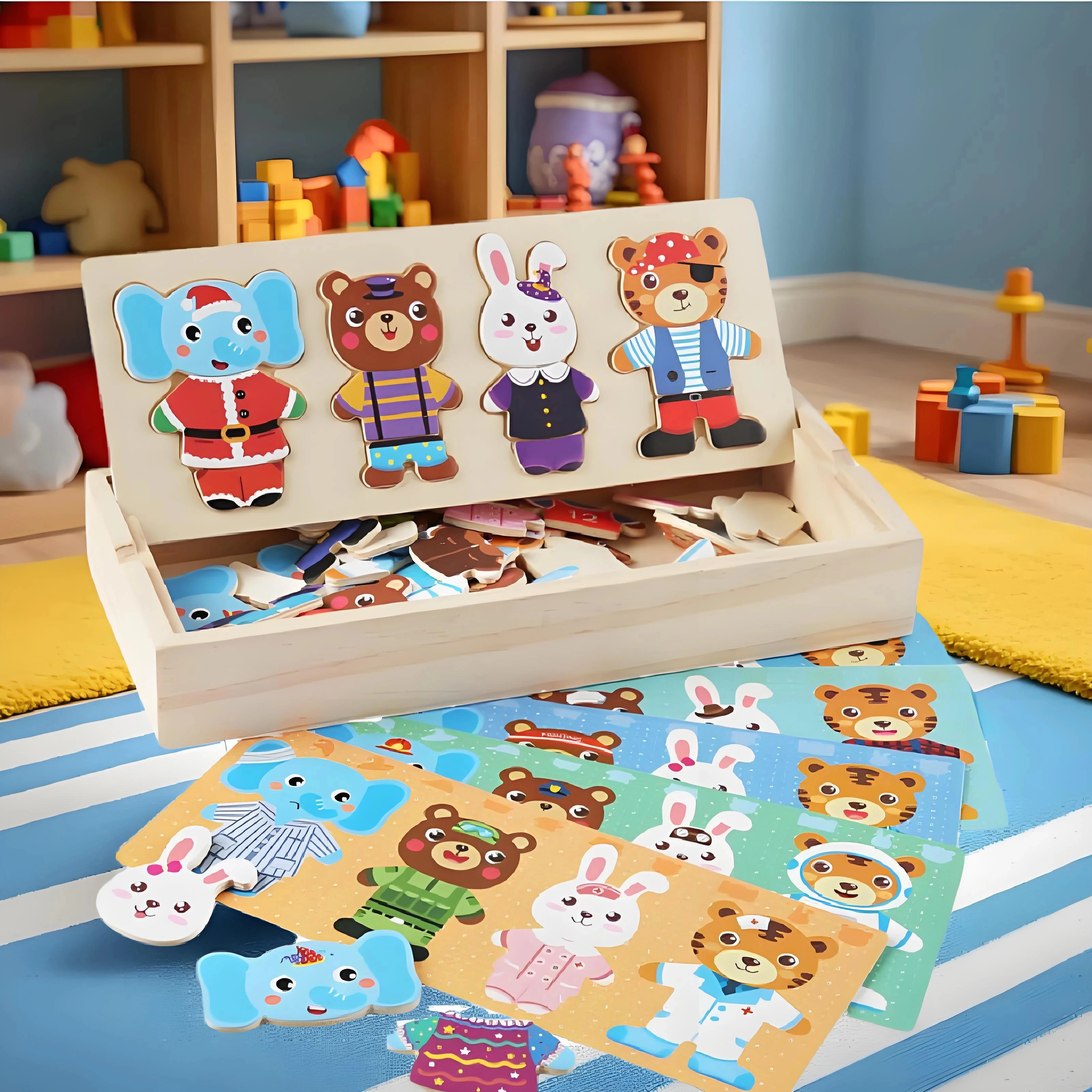 Puzzle de déguisement familial ours en bois, jouet éducatif Montessori, améliore les motricité Fine, cognitif et créatif, coordonnées œil-main