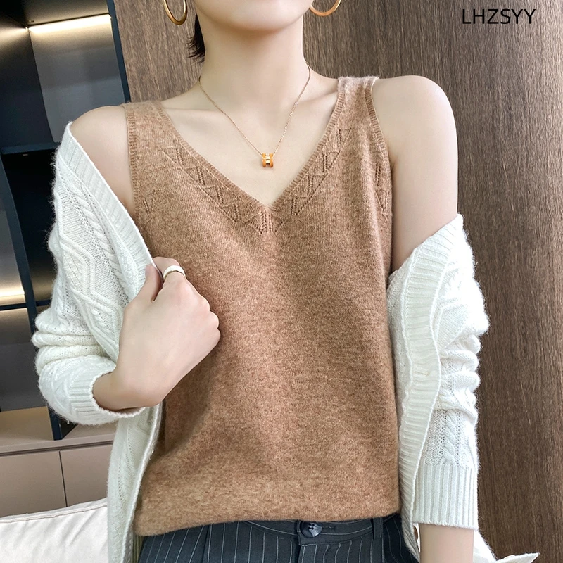 LHZSYY New 100%Pure Wool Vest Ladies First Line Garment V-Neck Hollow-out Camisole Four Seasons Lnside knit Sling Sleeveless Top