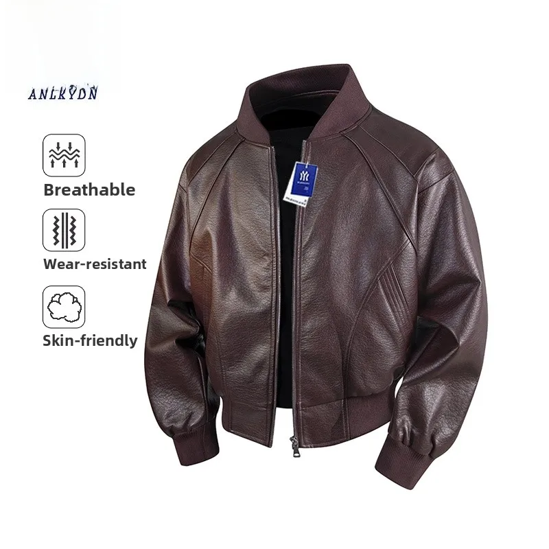 

Men's Faionable Urban Retro Sle Pure Color Baseball Collar Riding Leather Jaet Autumn Winter Outdoor Versatile Coat