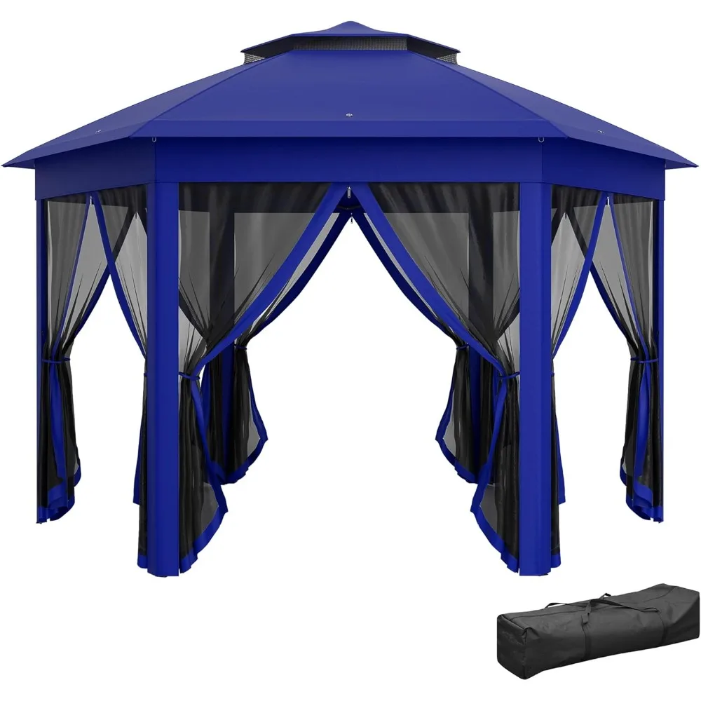 Gazebo, Hexagonal Canopy Shelter with 6 Zippered Mesh Netting, Event Tent with Strong Steel Frame for Patio Backyard Garden