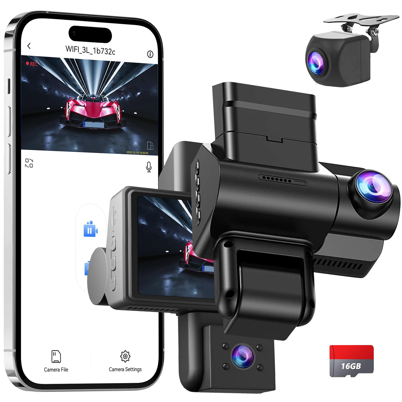 

Dashcam for car—front and rear—with parking monitoring feature. 2K+1080P camera for car surveillance with 32GB SD card, Motion detection, Infrared night vision, G-Sensor, Loop recording, WDR, Viewpoint