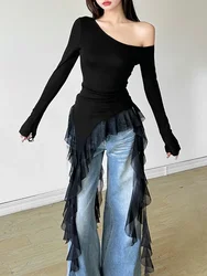 Women Y2k Aesthetic Irregular Gauze Patchwork Autumn Tees 2025 Skew Collar Harajuku Vintage T-shirts Solid Slim Fit Grunge Tops