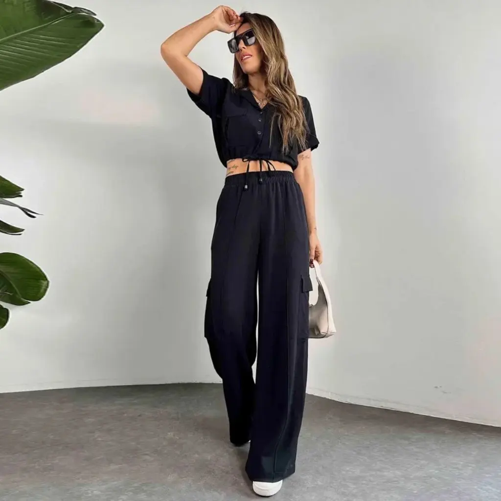 

Summer Fashion Casual Women's Two-Piece Suit Short-Sleeved Lace-Up Overalls with Trousers European And American Style
