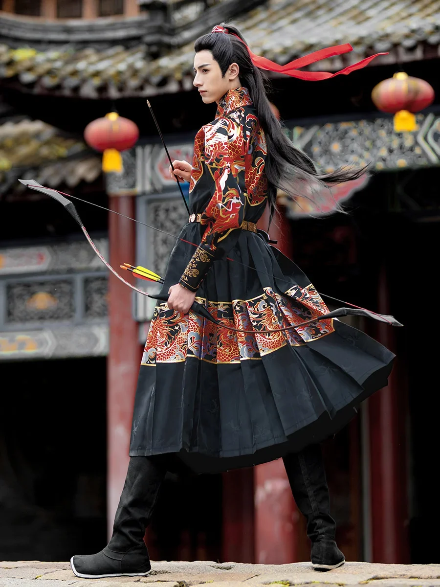 Ancient Chinese Hanfu Costume Mens Top Skirt Belt Set Samurai Costume Robe Hanfu Martial Arts Dragon Printing Flying Fish Suit