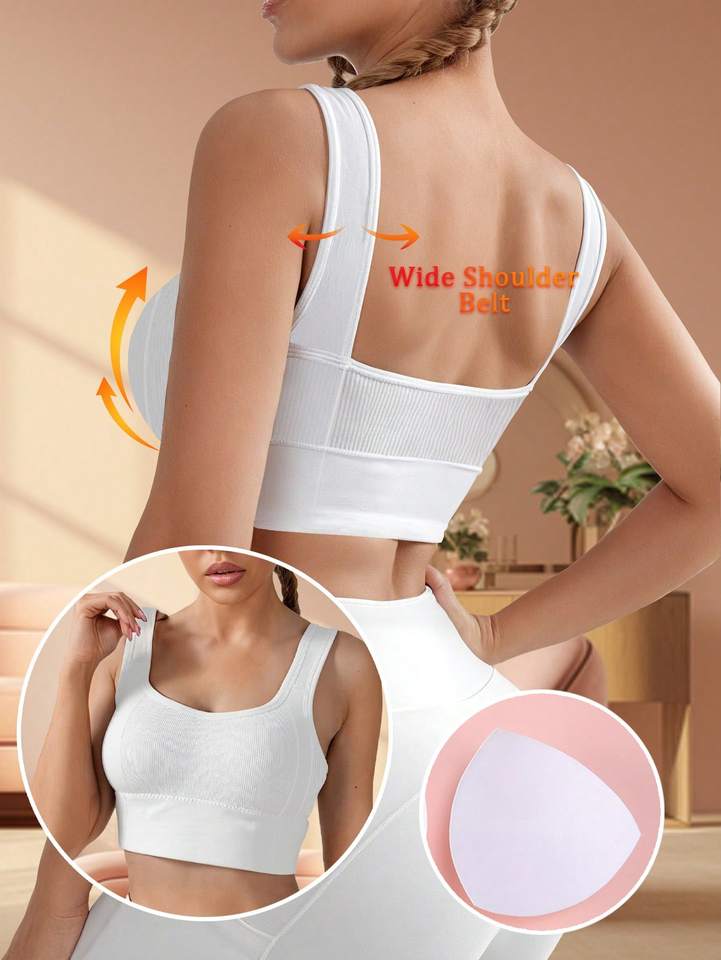  Solid Ribbed Sports Bra Workout Shockproof Sports Bra Top With Padded Seamless Sports Bra For Women Push Up Bra Seamless Lingeri 