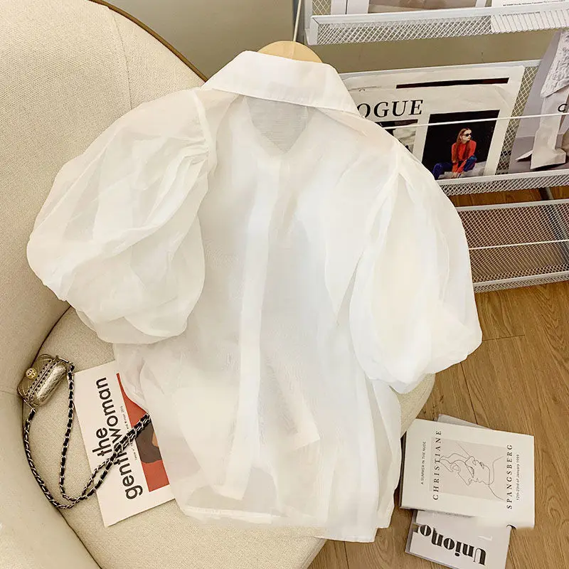 2022 verão nova moda luz de luxo branco chiffon camisa feminina sexy confortável colar pérola coreano topos boutique roupas