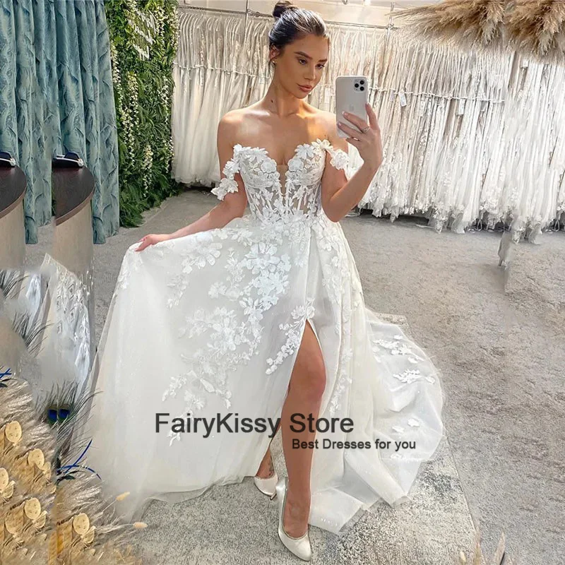 FairyKissy Ivory Lace Wedding Dresses Off The Shoulder Corset Bride Dress Elegant A Line Side Split Bride Wedding Gowns 2025