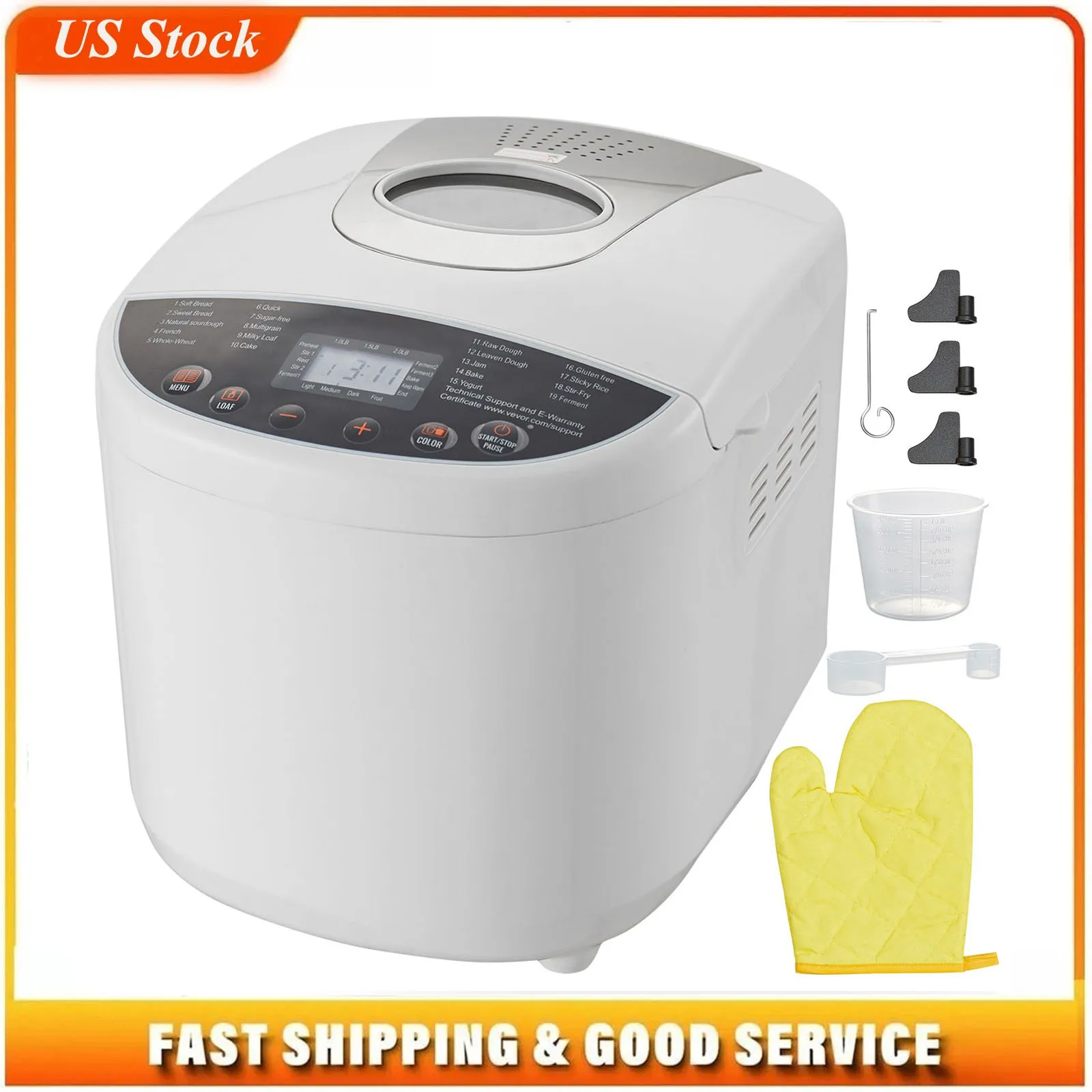 Bread Maker, 19-in-1 2LB Dough Machine, Nonstick Ceramic Pan Automatic Breadmaker with Gluten Free Setting, Whole Wheat Bread Making, Digital, Programmable, 3 Loaf Sizes, 3 Crust Colors, White
