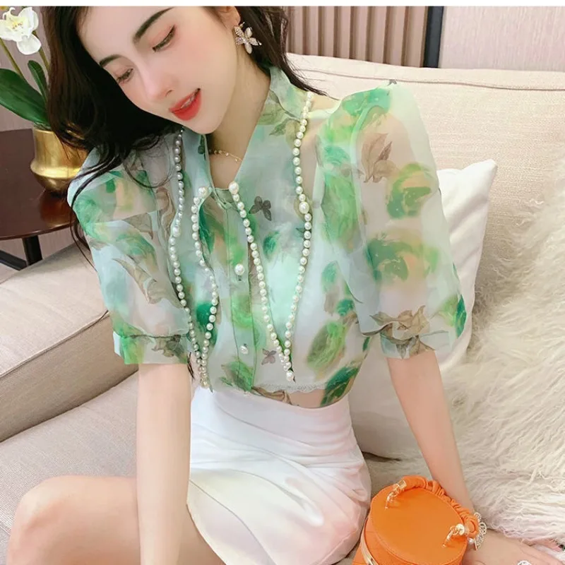 Studded Pearl Shirts Women Short Sleeves Summer Blouse Luxury Designer Clothing Print Tops Korean Chic Thin Office Ladies Blouse