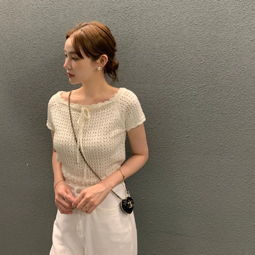 Chic gola de renda oco para fora ort sve malha topo feminino fino verão emagrecimento versátil ort listra na moda coreano sle