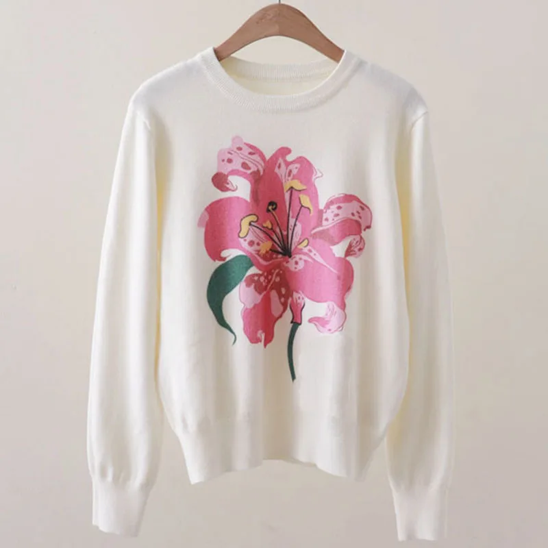 

Вязаный свитер в цветочную полоску, пуловер, женские осенне-зимние свободные топы с длинными рукавами и круглым вырезом, элегантные винтажные модные женские джемперы