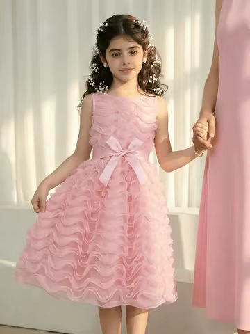 4-7 Years Girls' Birthday Party Dress - Round Collar 3D Ruffled Tulle, Perfect for Evening/Gathering