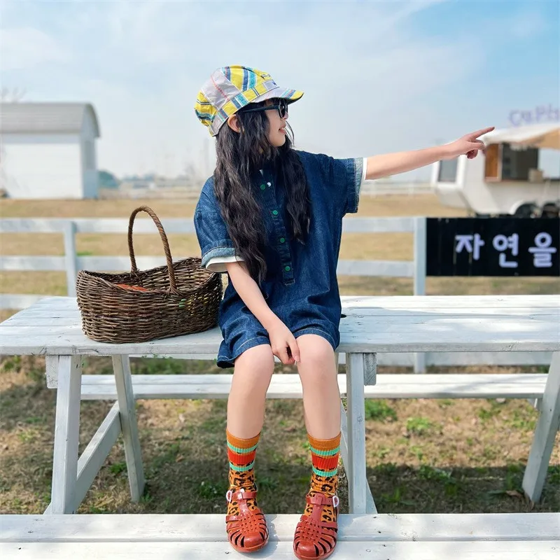 

2026SSSpring and summer girls' Japanese-style parent-child embroidered badge denim dress short-sleeve shirt long dressALine skir