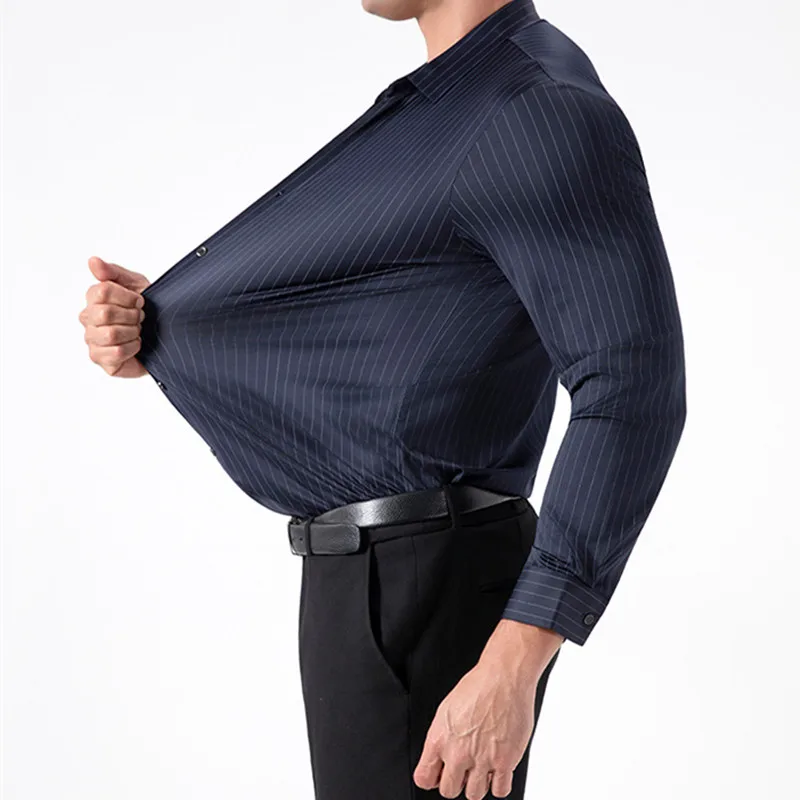 Novo elegante camisa listrada masculina manga longa negócios casual alta elasticidade primavera outono sem costura fácil de cuidar roupas masculinas macias