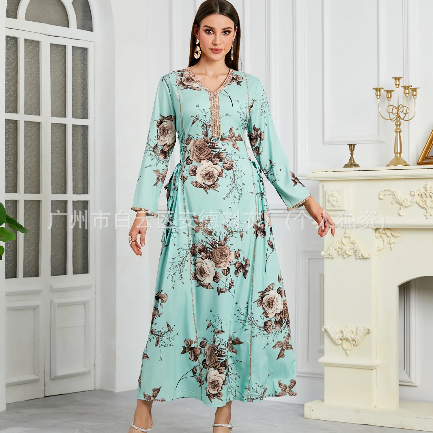 

Musilin Women's Printed Dress with Gold Border Waistband and Jalabiya Saudi Long Skirt New Style Dubai Luxury Islam Elegant