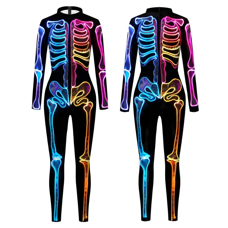 Enge Halloween Horror Volwassenen Zombies Skeletprint Cosplay Kostuum Dames Jumpsuit Met Lange Mouwen Podiumperformance Bodysuit