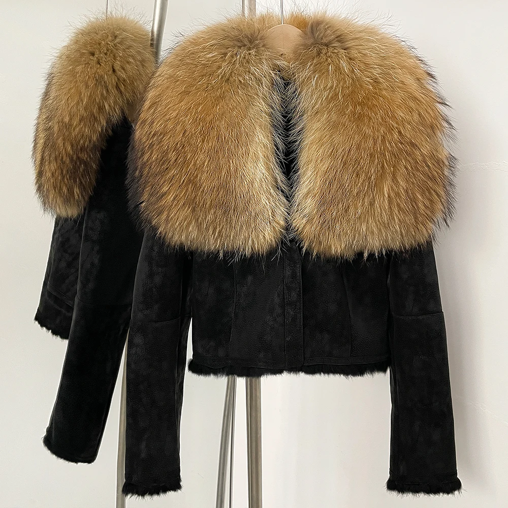 Giacca in pelliccia di realtà Giacca in pelliccia di procione naturale Cappotto in pelliccia di volpe Donna Autunno Inverno Pelle scamosciata Calda fodera in pelliccia di coniglio Cappotto corto femminile