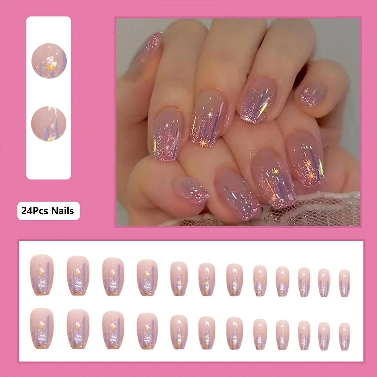 لامعة الوردي الأرجواني اضغط على الأظافر قصيرة مربع مسمار لامعة لامعة انفصال الاكريليك الأظافر مناسبة للنساء والفتيات مسمار الفن