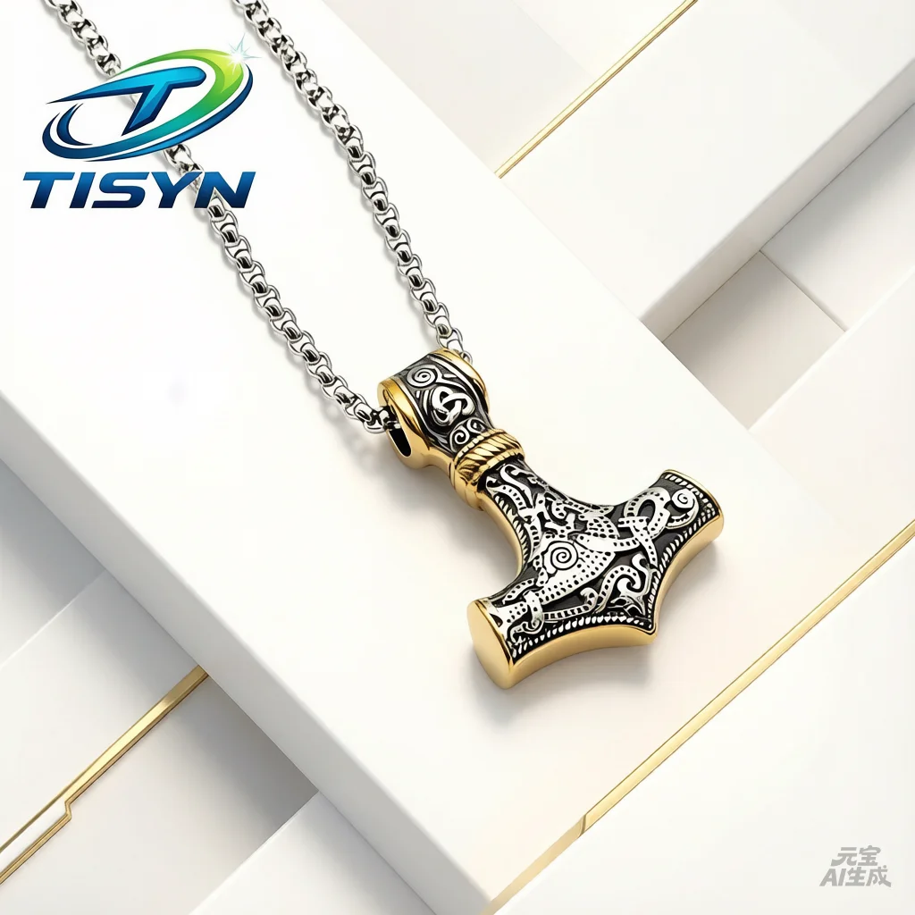 Viking Thor's Hammer Pendant Necklace Norse Mythology Stainless Steel Mjolnir Amulet 3D Minimalist Fashion Jewelry for Men