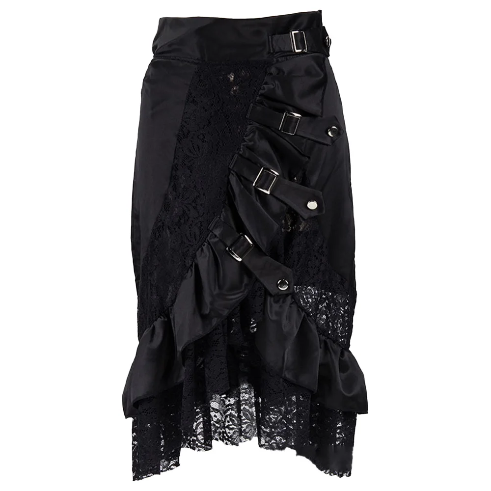 

Women Vintage Black Satin Lace Floral Ruffles Skirt Steampunk Mid Length Skirt Sexy Gothic Skirt Victorian Costume Plus Size 6XL