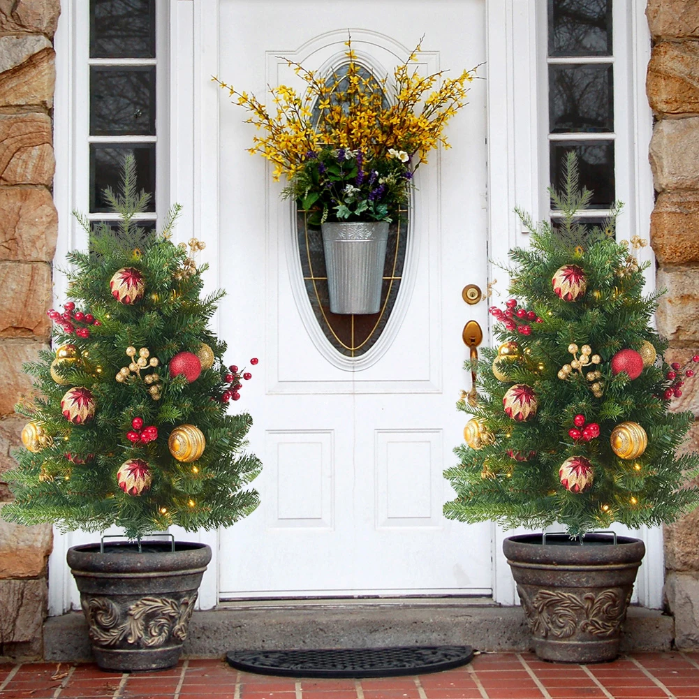 

Artificial Xmas Tree with Balls Berries Pre Lit Christmas Planter Bushes Battery Operated Holiday Planter Filler for Home Decor