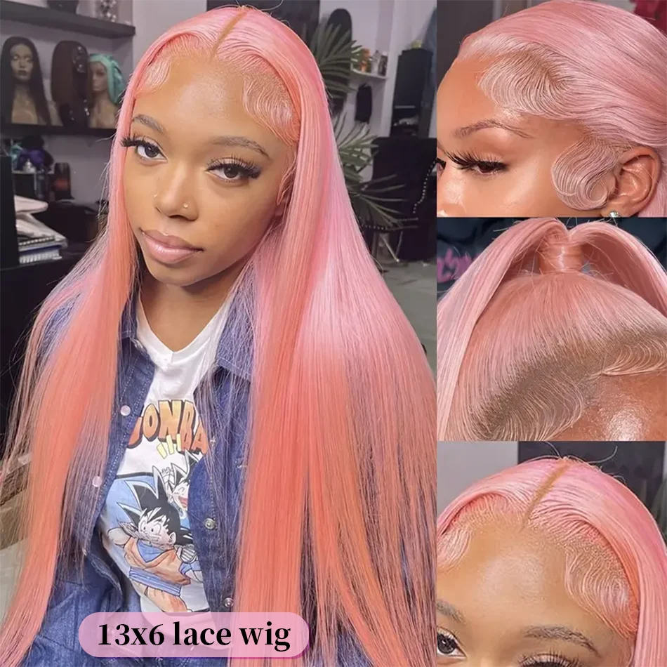 Light Pink 13X6 Bone Straight HD Lace Frontal Wig 36 Inch 13X4 Human Hair Pink Color Straight Front Brazilian Quality Wig 200% image 3