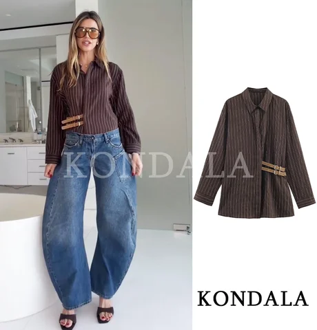 KONDALA Camicia elegante a righe da pendolarismo Camicia da donna vintage con fibbia marrone 2026 Camicia da donna da ufficio chic casual moda primavera estate 2026