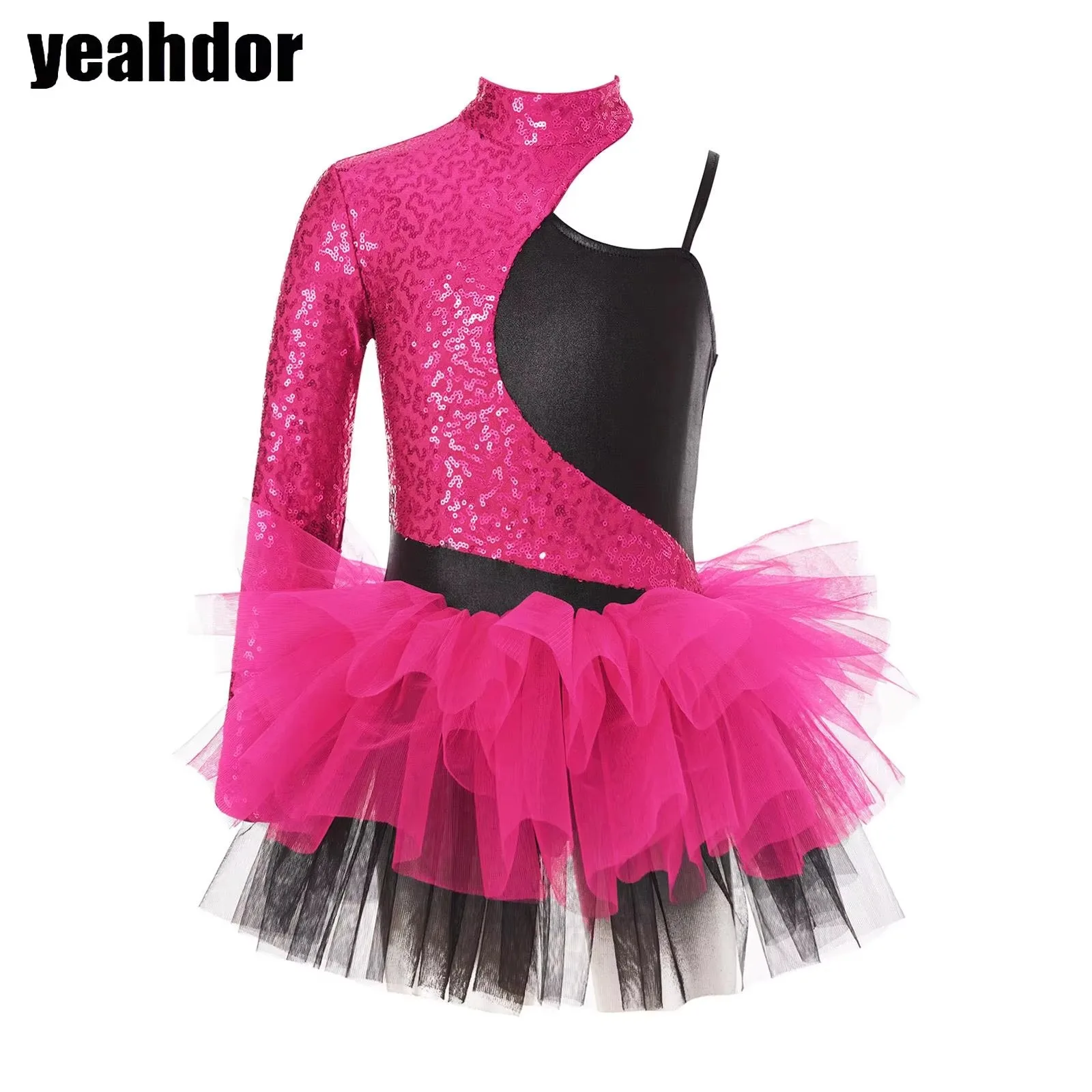 

Girls Shiny Sequin Ballet Dance Dress Gymnastics Leotard Tulle Skirts One Shoulder Sleeves Jazz Skating Tutu Dress Dancewear