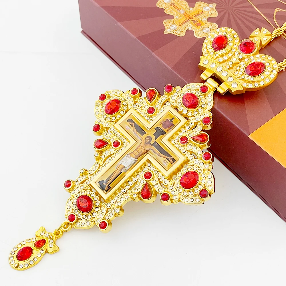 New 2026 Gold Plated Orthodox Pectoral Cross Necklace with Red Gemstones Crown & Jesus Icon for Christian Clergy Liturgical Wear view 4