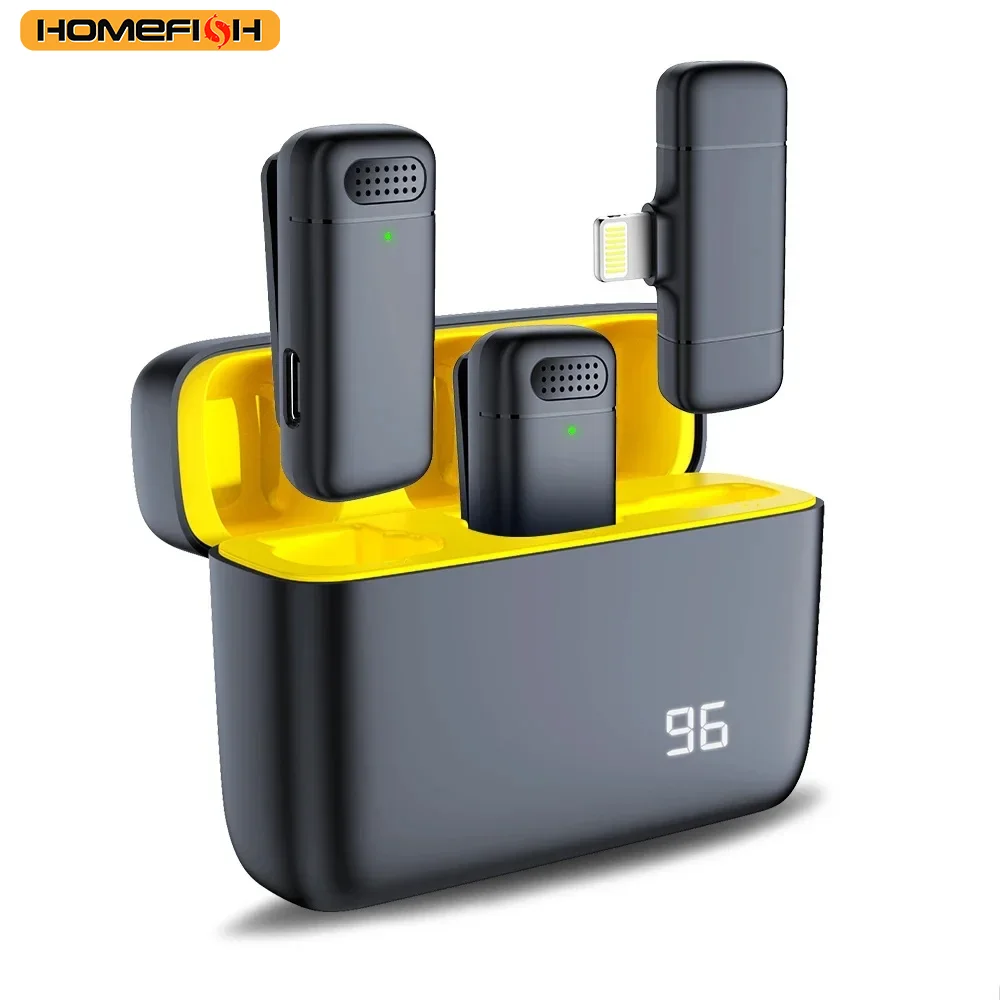 HOMEFISH Microfono lavalier stereo wireless Mini cancellazione del rumore esterno con custodia di ricarica per interviste dal vivo