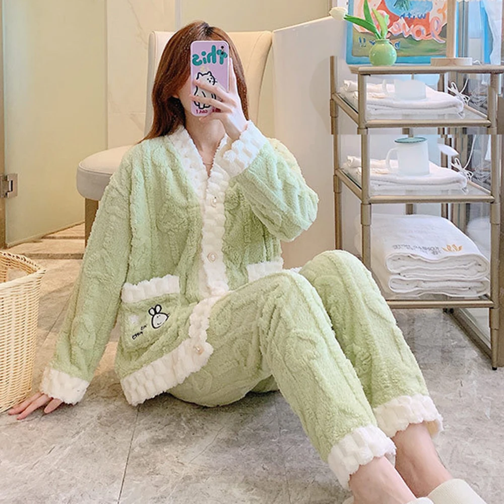 Winter Thicken Plush Pajamas Sets Women's Long Sleeve Sleepwear with Long Pants Button Down Nightwear Soft Loungewear Pjs Set