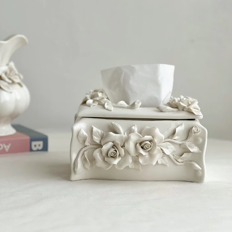 

Heavy industry retro palace style milky white hand-kneaded three-dimensional flower ceramic tissue box