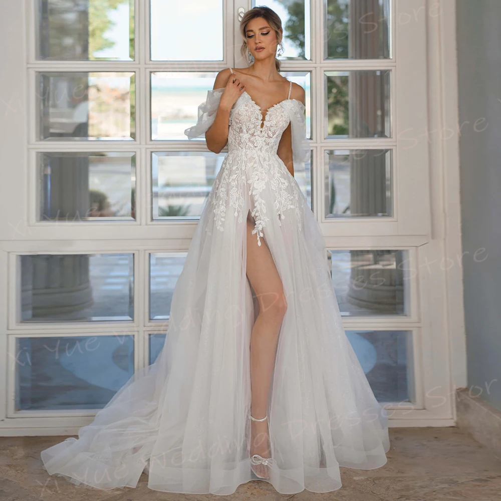 Eleganti abiti da sposa da donna A Line Appliques di pizzo alla moda abiti da sposa con spalle scoperte spacco laterale alto Vestido De Noivas