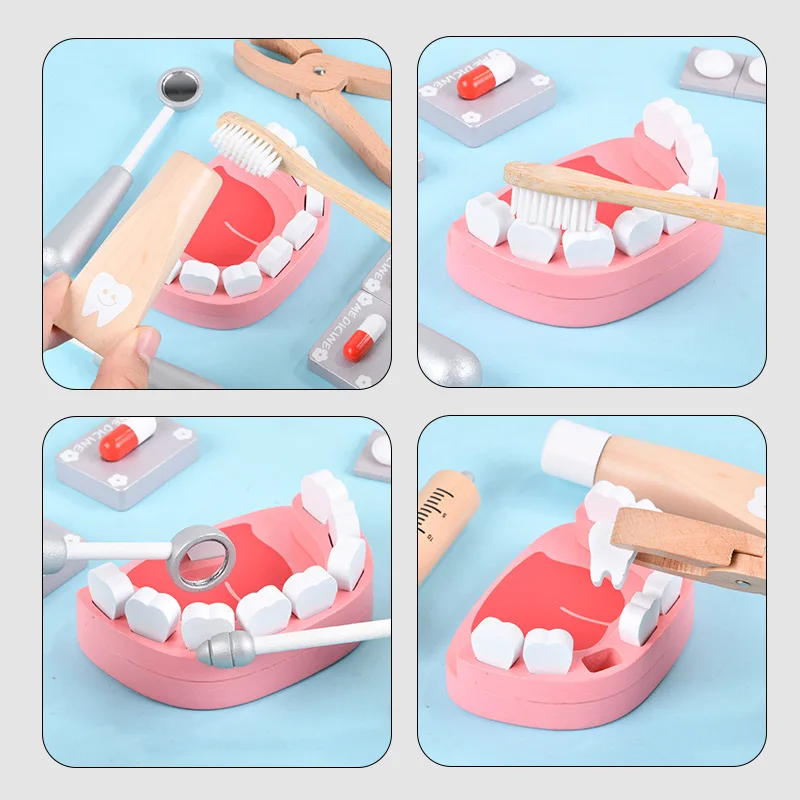 Pretend Play Doctor Toys Wooden Simulation Dentist Check Brush Teeth Medicine Set Role Playing Educational Toys For Children Kid