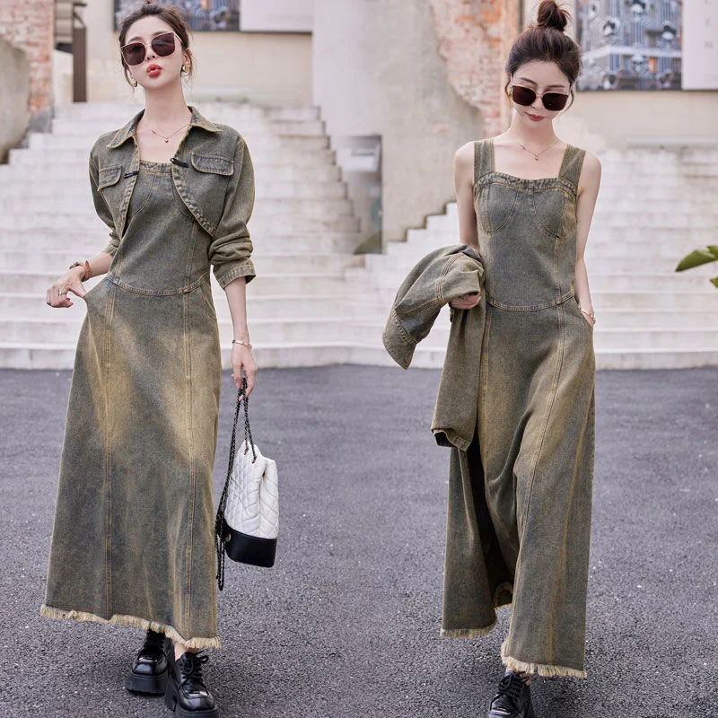 

Retro Women Fashion Denim Vestidos Two-piece Set French Lady Suspenders Cowboy Long Dresses Autumn Female New Denim Maxi Dress