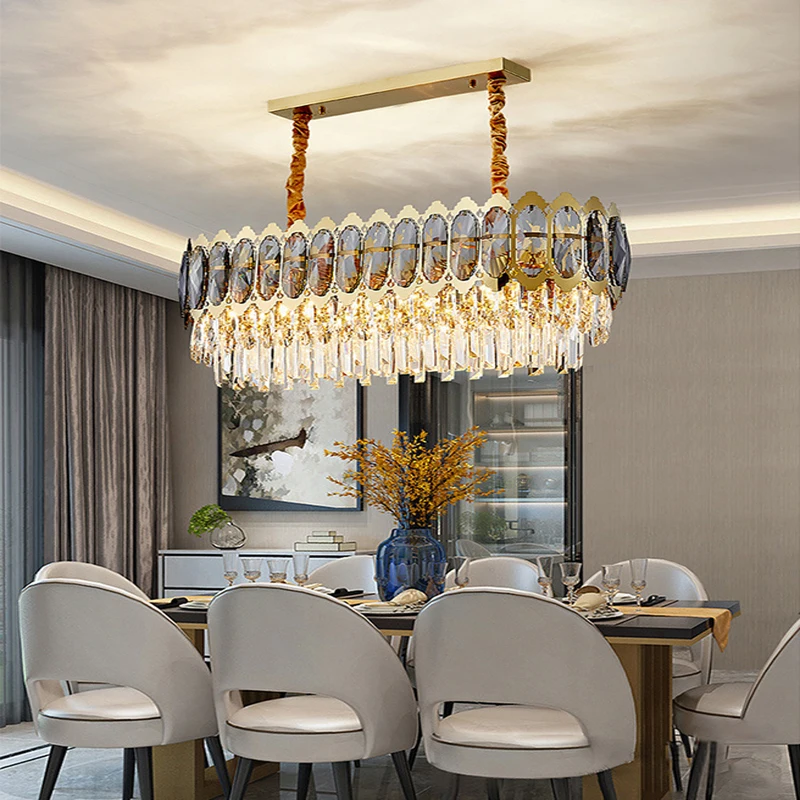 

Smoky Gray Crystal Lamps Dimmable LED Lustre Gold Stainless Steel Pendant Light Ceiling for Living Room Villa Apartment