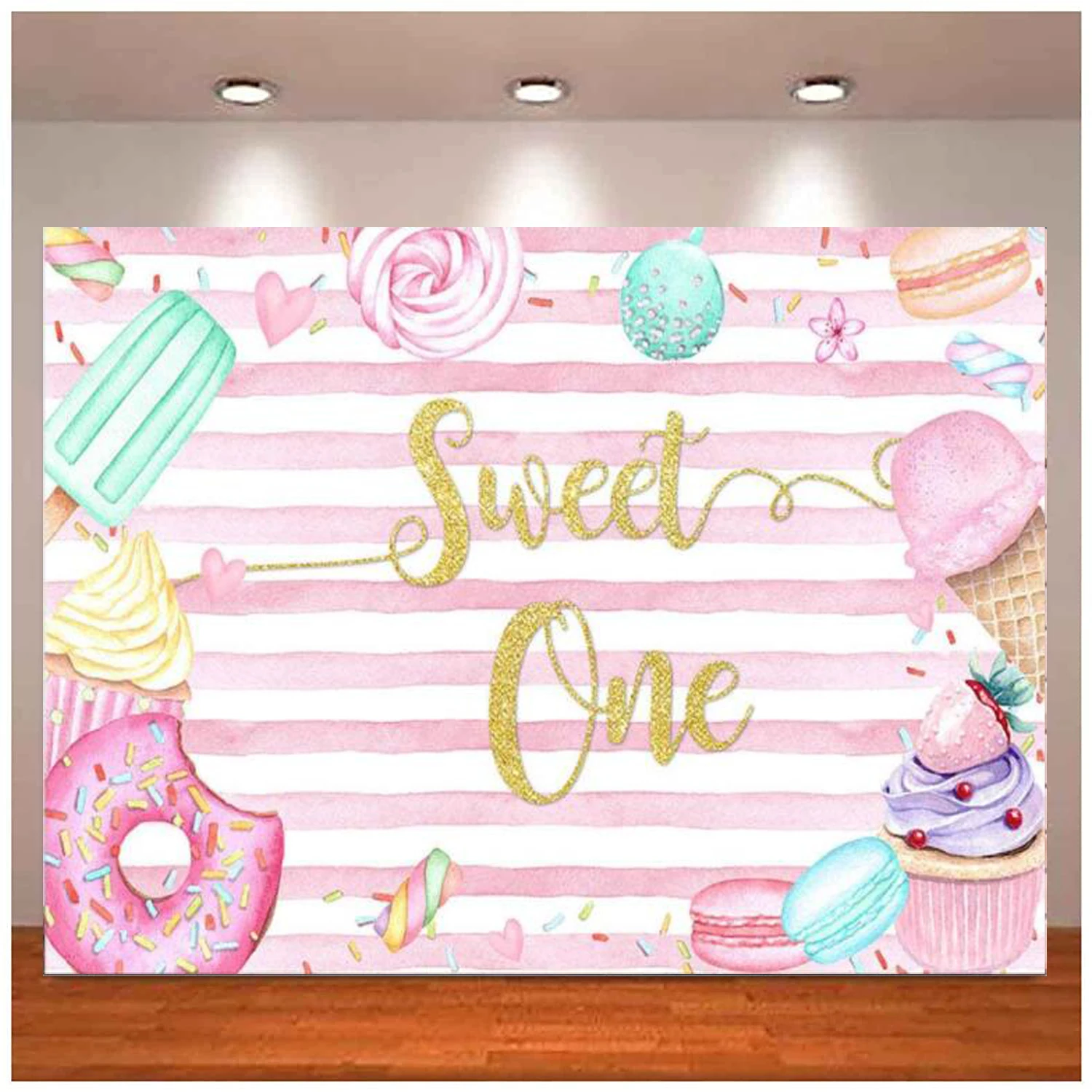 

Donut Sweet One Photography Backdrop Decoration Background Pink and White Stripes Girl 1st Birthday Party Cream Table Banner