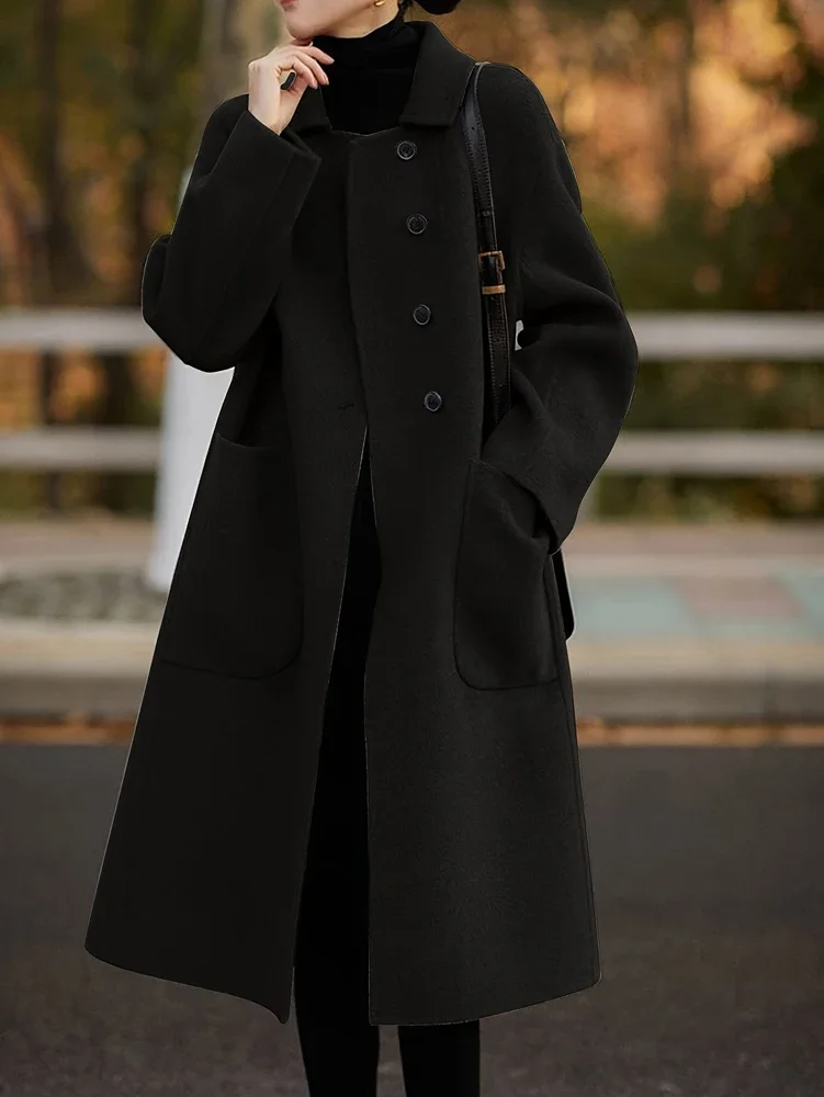 

Plus Size Ladies Long Trench Coat Elegant Single Breasted Pea Coat Winter Warm Wool Blend With Pockets Oversized Pea Coat