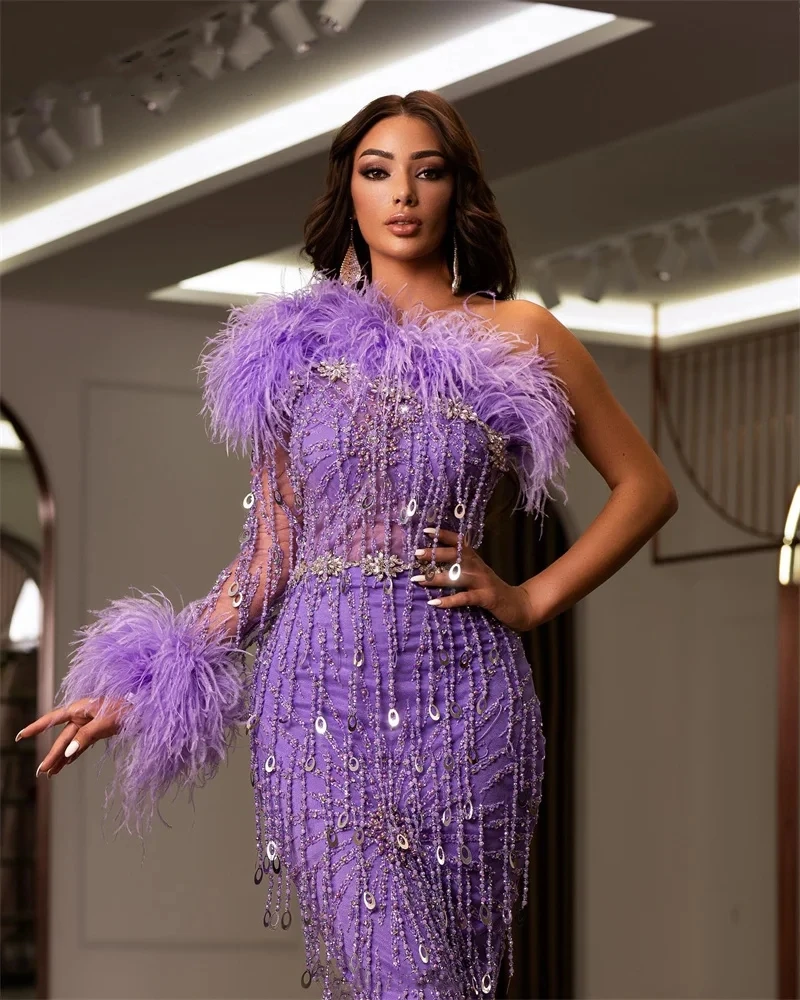 Luxury Feather Beading Tassel Prom Dresses One Shoulder Crystal Mermaid Evening Gowns Custom Made Robe De Soirée