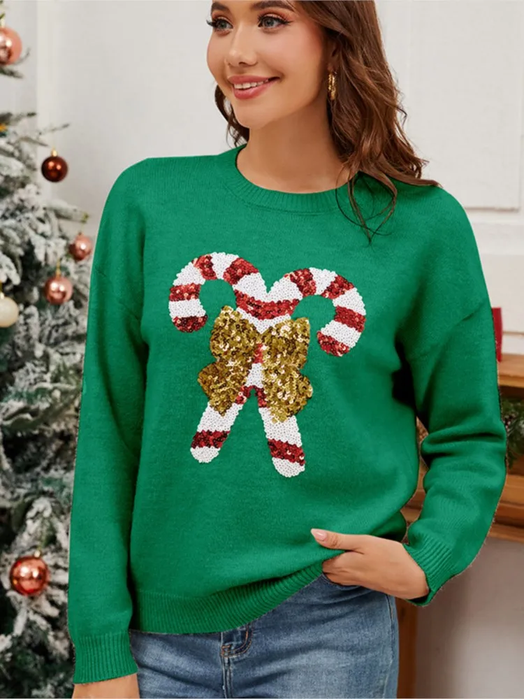 

Winter Clothes Woman Christmas Crutch Bow Sequin Women's Sweater Pullover Knitted Sweater Pulls Femmes Trendy Comfortable Casual